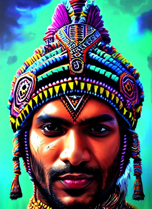 Prompt: portrait of kunal nayyar, hyper detailed ultra sharp aztec shaman warrior. trending on artstation, warpaint aesthetic, bloodwave, colorful, psychedelic, ornate, intricate, digital painting, concept art, smooth, sharp focus, illustration, art by artgerm and greg rutkowski and h. r. giger, 8 k