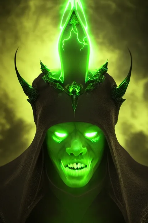 Image similar to character design, dark priest, green lightning, black halo, evil, power, green mist, scary, realistic, 3d, octane render, photorealistic, unreal engine, hellish background