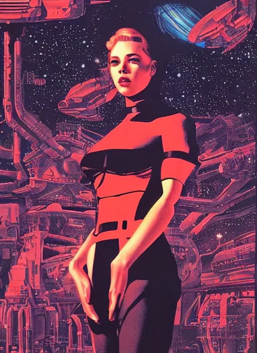 Image similar to scarlett johannson, science fiction poster, high details, intricate details, by vincent di fate, artgerm julie bell beeple, 1 9 6 0 s, inking, vintage 6 0 s print, screen print