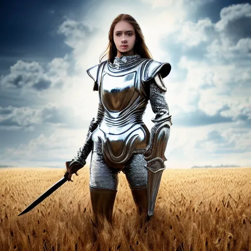 Prompt: a masterpiece ultrarealistic ultradetailed portrait of silver armored magic knight in a wheat field, long brown hair, woman greatsword, baroque renaissance. fashion pose, photo by philip - daniel ducasse and yasuhiro wakabayashi and jody rogac, telephoto, intricate, elegant, global illumination. vfx