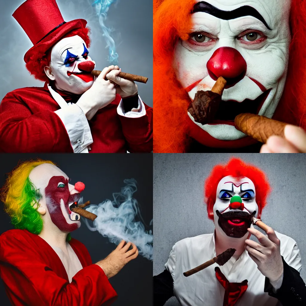 Prompt: an evil clown smoking a cigar