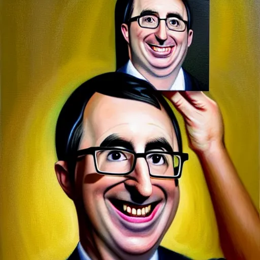 Prompt: Facial portrait. John Oliver, looking at the camera, laughing like a maniac. colorful background, lighting like in blair witch project. extremely detailed painting on canvas. by Greg Rutkowski and by Henry Justice Ford and by Steve Henderson. Shown in a newspaper.