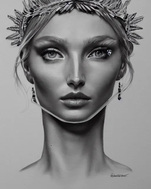 Image similar to realism tattoo sketch of elsa hosk as a beautiful greek goddess aphrodite with piercing eyes wearing a laurel wreath and triangle earrings, in the style of greg rutkowski, amazing detail