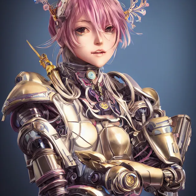 Image similar to studio portrait of lawful good colorful female holy mecha paladin absurdly beautiful, elegant, young cute anime girl, ultrafine hyperrealistic detailed face illustration by kim jung gi, irakli nadar, intricate linework, sharp focus, bright colors, matte, octopath traveler, final fantasy, unreal engine highly rendered, global illumination, radiant light, intricate environment