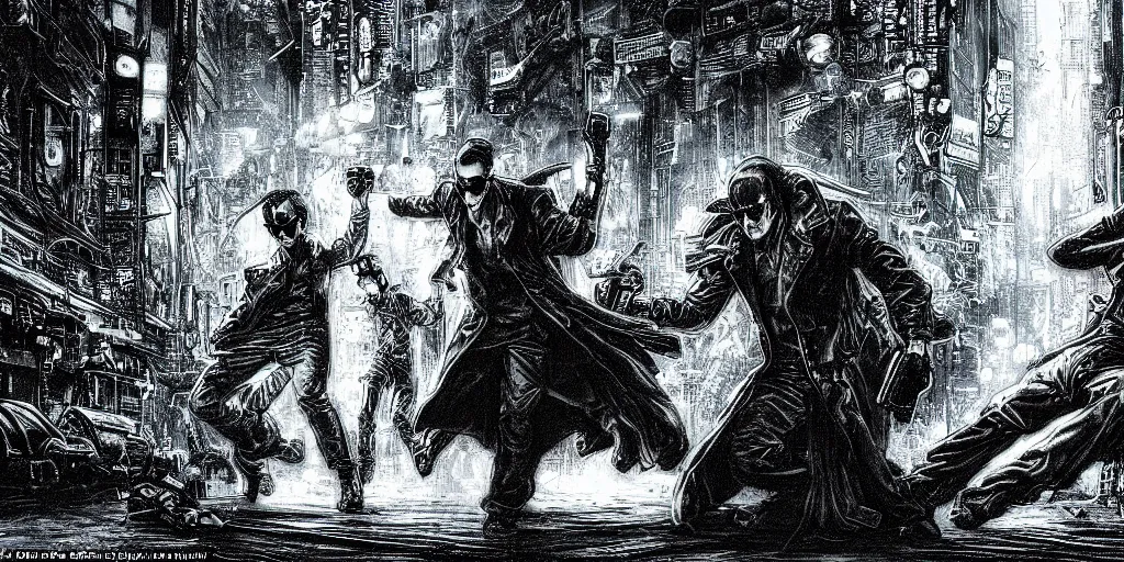 Prompt: A cyberpunk scene from the Matrix as drawn by Gustave Doré with Neo fighting a thousand agents Smith in bullet time