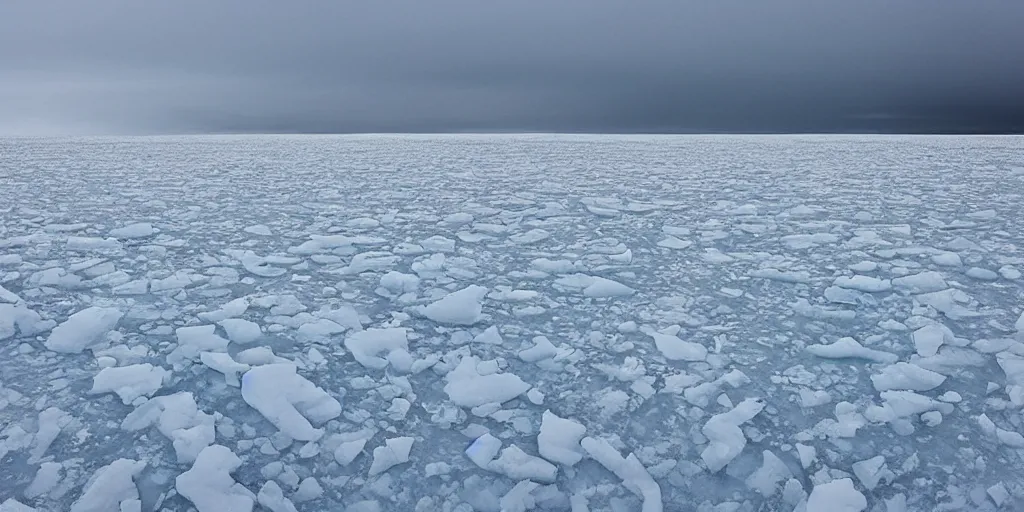 Prompt: “ a scene on a frozen sea, white windswept ice, seracs, crevasses, ridges, maze of jumbled white ice ”