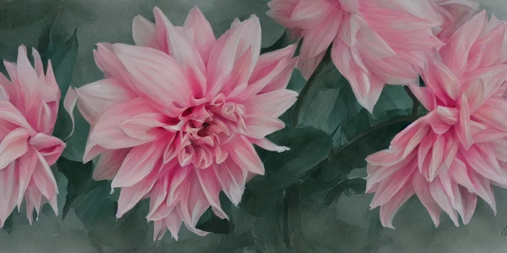 Image similar to a pastel creamy pink dahlia blossom, watercolor, artstation, moody