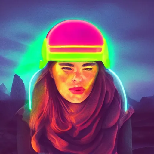 Image similar to a woman wearing a helmet which has neon on it very detailed with a great landscape, artstation unreal in portrait