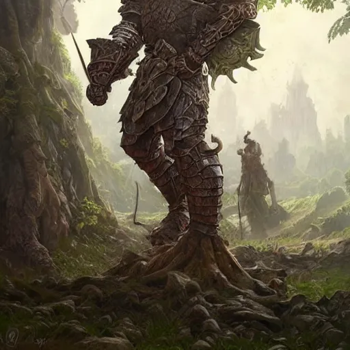 Image similar to enormous male knight wrestling an ent, ruins landscape, d & d, fantasy, intricate, highly detailed, digital painting, artstation, octane render, concept art, matte, sharp focus, illustration, hearthstone, art by artgerm and greg rutkowski and alphonse mucha