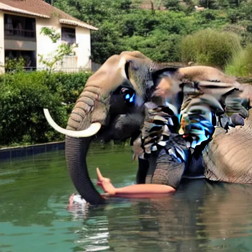 Image similar to Elephants drinking fromaswimming pool outside asuburban house