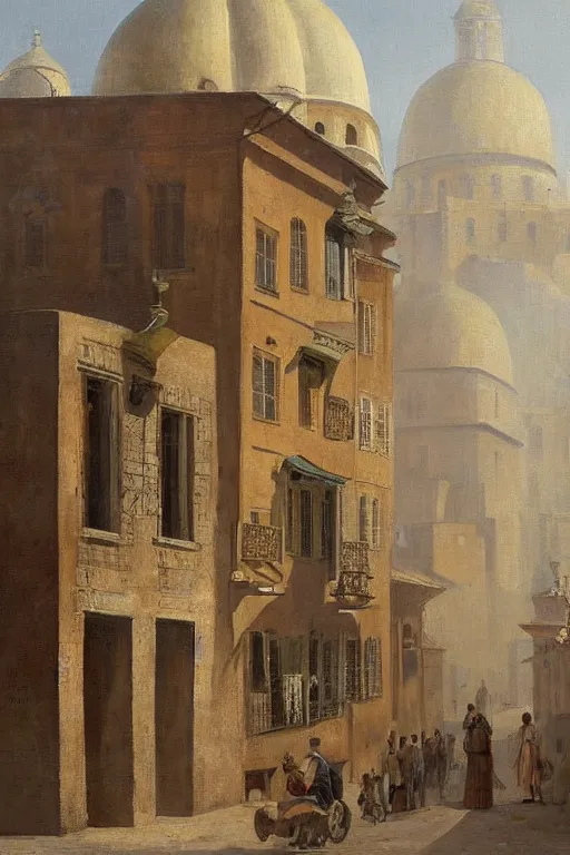 Prompt: painting of view of old European city with mix of vicotris houses and middle eastern architecture fusion, photoreal, sunlit morning smog , painting by Charles Leickert , old master painting
