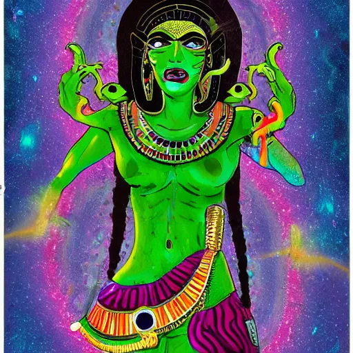 Image similar to green haired woman with bullhorns coming out of her head, six arms, hyperdetailed legs, Egyptian makeup, psychedelic clothing