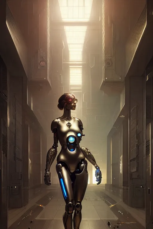 Prompt: ultra realistic, beautiful female cyborg in a utopian hallway in a space megalopolis, sci - fi, intricate details, eerie, highly detailed, octane render, 8 k, art by artgerm and alphonse mucha and greg rutkowski