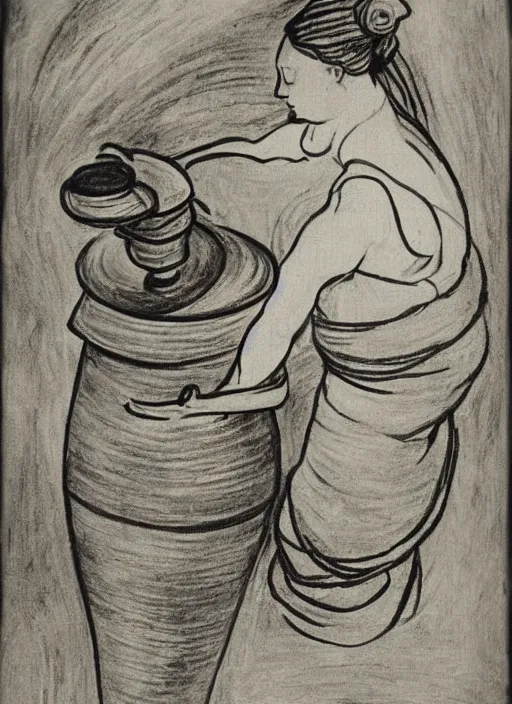 Image similar to abstract stylized charcoal drawing of a woman working on a tall vase at a pottery wheel, da vinci, van gogh, miro, vermeer