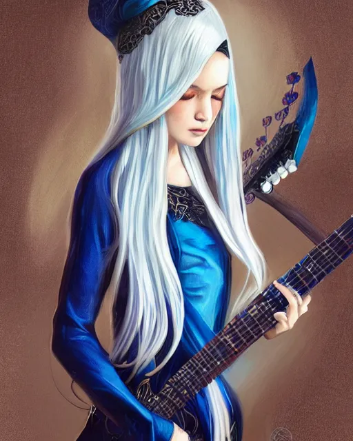 Image similar to A beautiful mysterious girl with cobalt-blue eyes and silky white hair, guitar shape build, her wardrobe is attractive, full body, fantasy art, in the style of Turine Tran, illustration, epic art, fantasy, intricate, elgant, amazing detail, digital painting, artstation, concept art, smooth, sharp focus