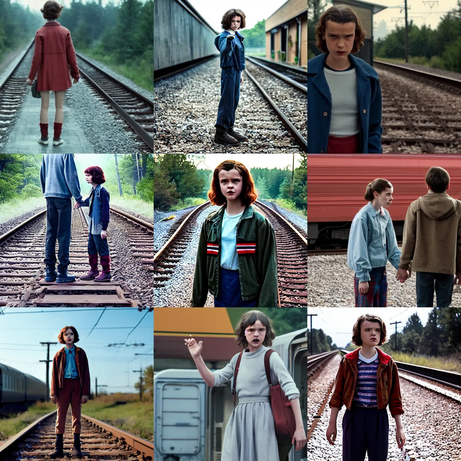 Prompt: Eleven from Stranger Things, standing on train tracks, holding her hand out toward an approaching train
