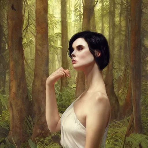 Prompt: portrait of tall woman in forest glade, short black hair, sharp focus, highly detailed, elegant, minimal clothing, by artgerm, greg rutkowski, alphonse mucha, 8 k