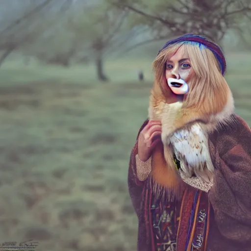 Prompt: symmetry!! portrait photograph of an extremely beautiful!!!! young blonde female with symmetric face. with a very detailed barn owl!!!!! on her shoulder. wearing mongolian traditional outfit in iceland. petzval lens. shallow depth of field. polaroid featured on flickr, art photography,