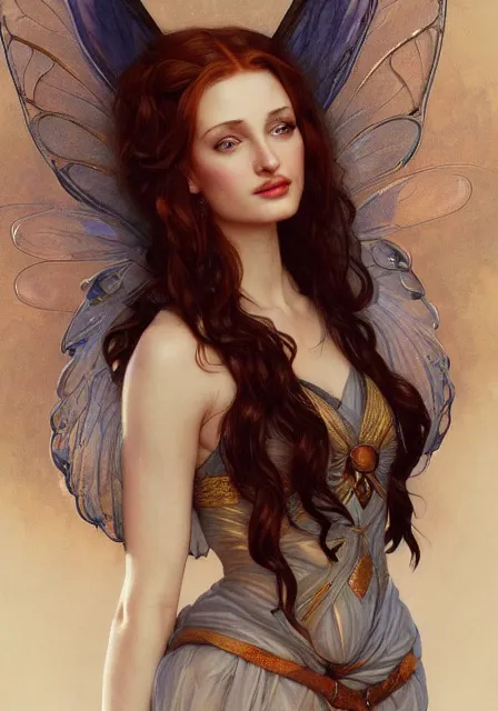 Image similar to sansa angeline jolie gessica chastain fairy, intricate, elegant, highly detailed, digital painting, artstation, concept art, smooth, sharp focus, illustration, art by artgerm and greg rutkowski and alphonse mucha and william - adolphe bouguereau