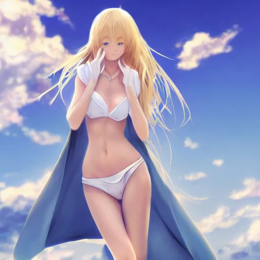 Image similar to tiny father a tall daughter picture : a very beautiful young blond anime girl, sky blue eyes, bikini, white miniskirt, highly detailed, cinematic wallpaper by stanley artgerm lau
