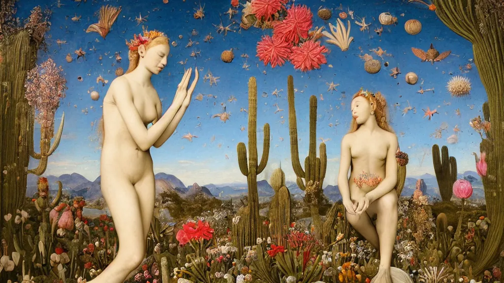 Prompt: a fish eye lense photograph of a meditating harpy mermaid surrounded by towering bulbous flowers. wide landscape with mountains, river delta. clear blue sky with stars. painted by jan van eyck, max ernst, ernst haeckel and ernst fuchs. trending on artstation, 8 k, award winning, fashion editorial, mythology, photorealistic, cacti everywhere