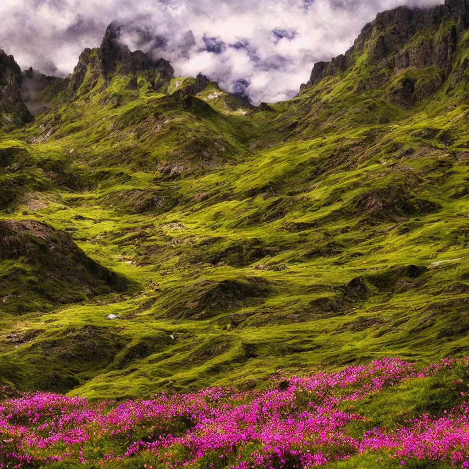 Image similar to valley of flowers with high and small monoliths, humans, renaissance style, film grain, high detailed,