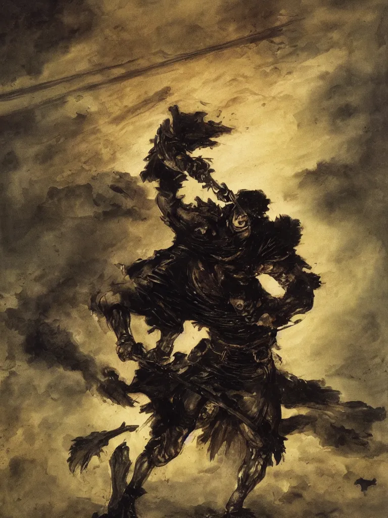 Prompt: the black swordsman guts from berserk painted by francisco de goya, oil painting, romanticism painting, highly detailed, 4 k