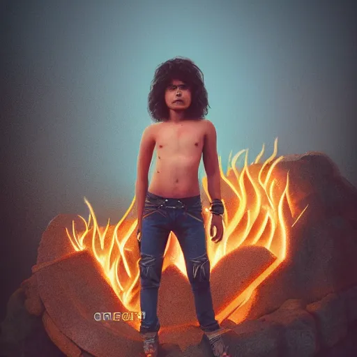 Prompt: 80's heavy metal kid standing in a fire ring, illustration, artgerm, octane render, inspired by Greg rutkowski, colorful, studio lighting, full body,