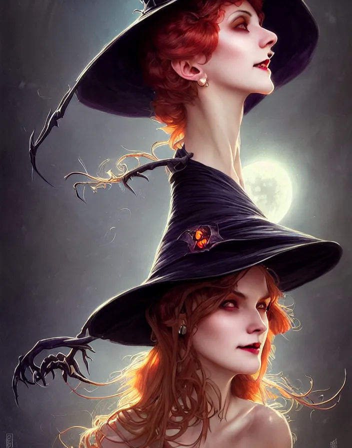 Image similar to halloween witch woman in a hat smiles, fantasy magic, undercut hairstyle, dark light night, intricate, elegant, sharp focus, illustration, highly detailed, digital painting, concept art, matte, art by wlop and artgerm and greg rutkowski and alphonse mucha, masterpiece