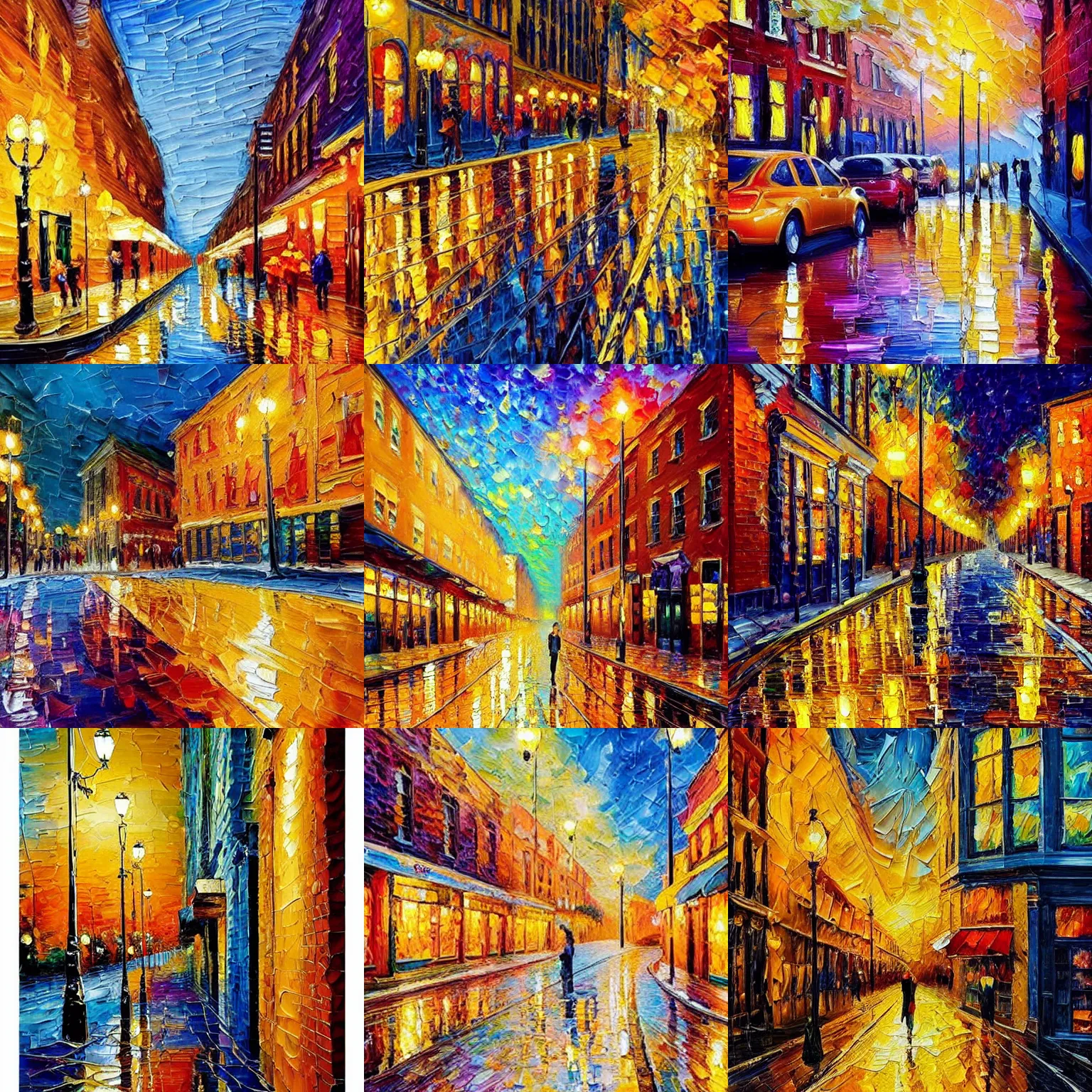Prompt: an extremely impasto painting of thick brushstrokes in warm impressionist complimentary colors painting a reflective raytracing puddle street scene of golden palette knife streaks of golden streetlights shimmering with vibrant gradients of color and a lil popcorn who is a good pringle
