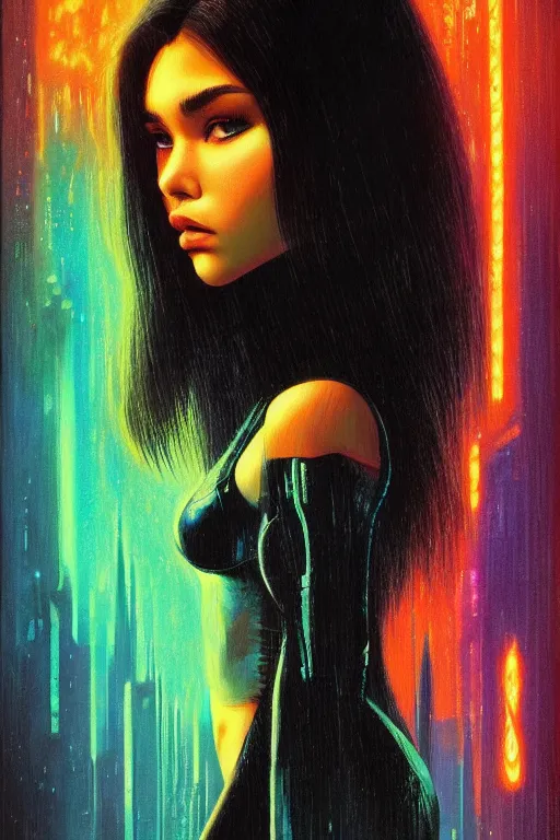 Image similar to madison beer in the style of johan grenier and john picacio and alan m. clark, trending on artstation, bioluminescence tilt - shift blade runner 2 0 4 9, crayon art, futuresynth, splash art, post - minimalism