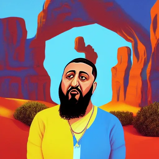 Image similar to ultra realistic portrait of dj khaled in a studio, ultra detailed, under blue, red and yellow cinematic lighting, salvador dali, cartoon, monument valley, escher