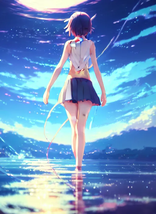 Image similar to anime girl walking on water, ripples, backdrop of dawn, saturn in the background, illustration, concept art, anime, key visual, trending pixiv fanbox by wlop and greg rutkowski and makoto shinkai and studio ghibli