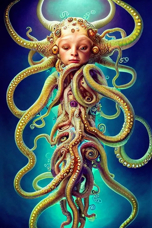 Image similar to A full body shot of a cute young humanoid monster wearing an ornate dress made of opals and tentacles on the ocean floor. Subsurface Scattering. Dynamic Pose. Translucent Skin. Caustics. Prismatic light. defined facial features, symmetrical facial features. Opalescent surface. Soft Lighting. beautiful lighting. By Giger and Ruan Jia and Artgerm and WLOP and William-Adolphe Bouguereau and Loish and Lisa Frank. Fantasy Illustration. Sailor Moon. Masterpiece. trending on artstation, featured on pixiv, award winning, cinematic composition, dramatic pose, sharp, details, Hyper-detailed, HD, HDR, 4K, 8K.