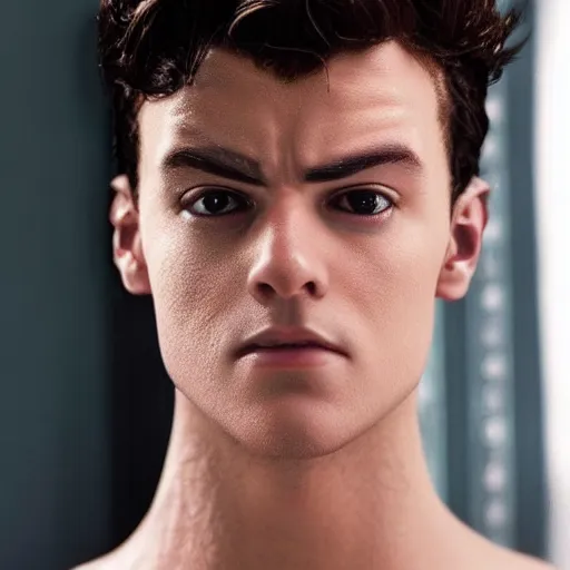 Image similar to “a realistic detailed photo of a guy who is an attractive humanoid who is half robot and half humanoid, who is a male android, Ethan Dolan, shiny skin, posing like a statue, blank stare”