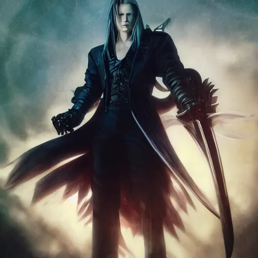 Image similar to Sephiroth portrait, atmospheric lighting, painted, intricate, volumetric lighting, beautiful, rich deep colors masterpiece, golden hour, sharp focus, ultra detailed, by Leesha Hannigan, Ross Tran, Thierry Doizon, Kai Carpenter,Ignacio Fernández Ríos