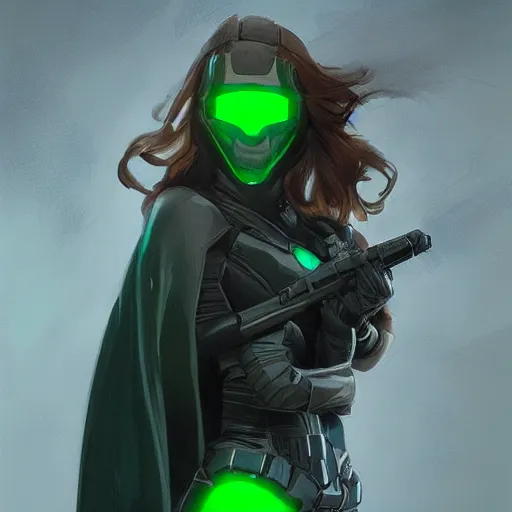 Image similar to portrait of a female superhero by greg rutkowski, she looks like thomasin mackenzie, she is wearing a black and green kevlar gear with a cape, highly detailed portrait, digital painting, artstation, concept art, smooth, sharp foccus ilustration, artstation hq