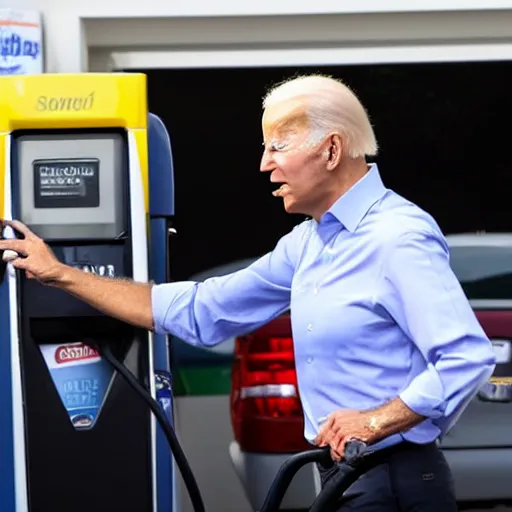 Image similar to joe biden at the gas station pumping gas into his mouth