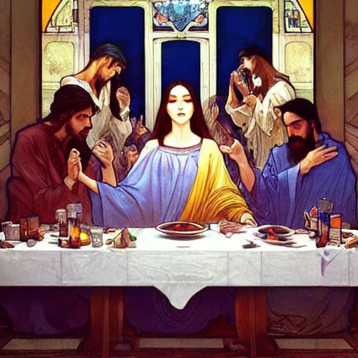 Image similar to The Last Supper Beautiful painting by Artgerm and Greg Rutkowski and Alphonse Mucha