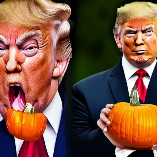 Image similar to Trump eating a pumpkin, hyper realistic, HD, HQ, photo realistic