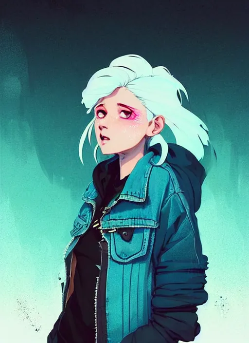 Prompt: highly detailed portrait of a sewer punk lady student, blue eyes, denim jacket, white hair by atey ghailan, by greg rutkowski, by greg tocchini, by james gilleard, by joe fenton, by kaethe butcher, gradient blue, black, brown and cyan color scheme, grunge aesthetic!!! ( ( graffiti tag wall background ) )