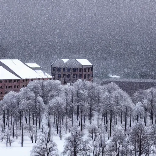 Prompt: huge factory in snowy landscape
