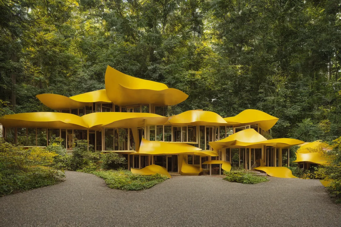 Image similar to a mid century modern house in a forest, designed by Frank Gehry. Tiles. Small gravel driveway . Film grain, cinematic, yellow hue