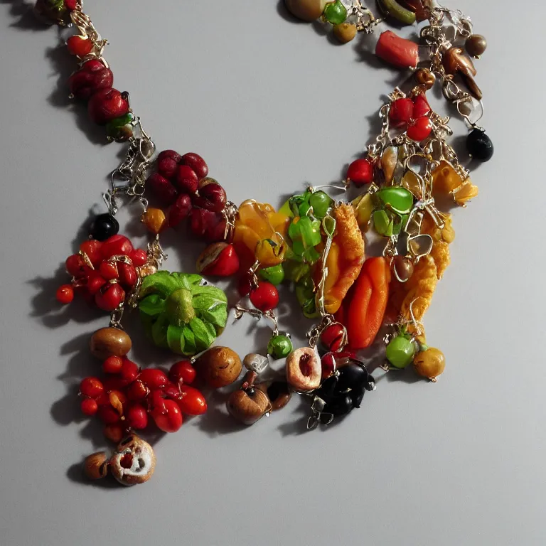 Image similar to food necklace, food jewelry, detailed, high quality, 8 k resolution, trending on artstation