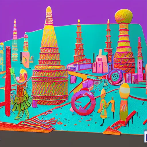 Image similar to The kinetic sculpture depicts a city made entirely out of kulich, a traditional Russian Easter bread. The city is bustling with activity, as people go about their day-to-day lives. The illustration is playful and whimsical, with a touch of magic. studio lighting, neon purple by Cindy Sherman chaotic