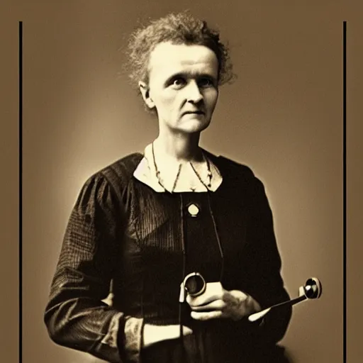 Image similar to Marie Curie with monocle, steampunk style, laboratory in the background