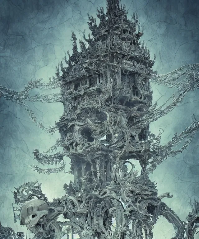 Image similar to a skull temple made of wat rong khun temple!! by charlie bowater and art germ, rule of thirds, golden ratio, art nouveau! cyberpunk! style, mechanical accents!, mecha plate armor, glowing leds, flowing wires with leaves, art nouveau accents, art nouveau patterns and geometry, rich deep moody colors