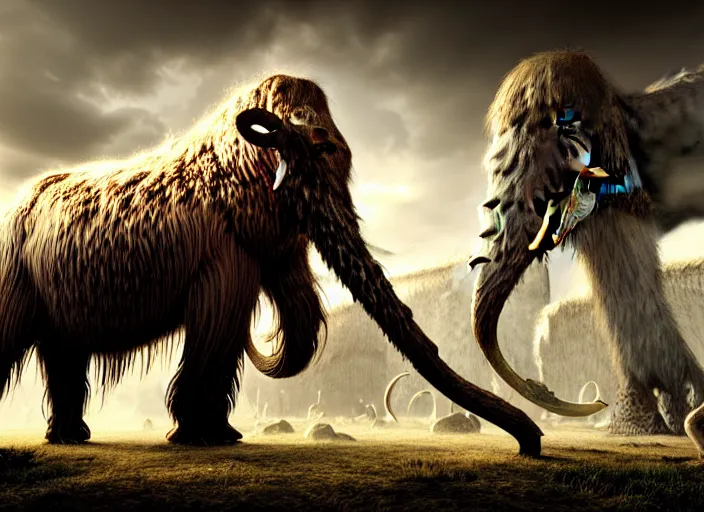 Prompt: hyperrealism, detailed textures, photorealistic, 3 d render, a surreal mystical wooly mammoth grazing, ultra realistic cinematic, intricate, cinematic light, concept art, illustration, art station, unreal engine