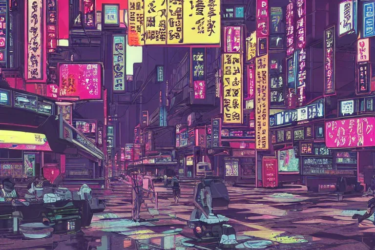 Prompt: cart driving down neo - tokyo outskirts. art in the style of vincent di fate's cyberpunk 2 0 2 0.