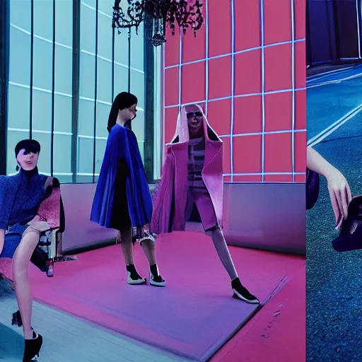 Image similar to balenciaga lookbook campaign in the style of tyler mitchel, blue rays, redshift, wide shot, coloured polaroid photograph, pastel, kodak film, hyper real, stunning moody cinematography, by maripol, fallen angels by wong kar - wai, 3 5 mm, style of suspiria and neon demon, david hockney, detailed, film photography